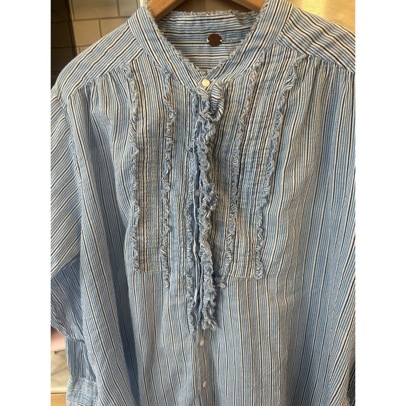 Free People Tops - Free People One Drew Tuxedo Shirt Blue White Stripe Raw Hem Boho Y2K Belt 4 Dres